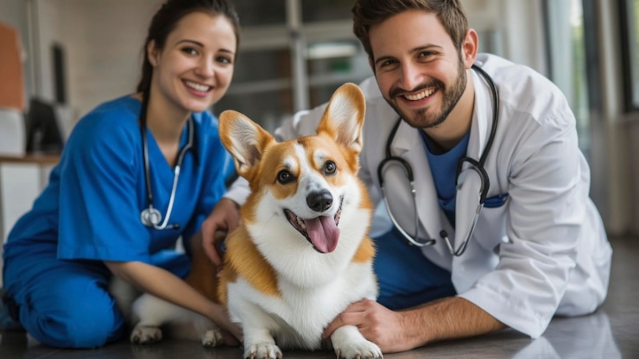 perro-veterinario-su-pecho-esta-posando-mujer-hombre_1304175-35408