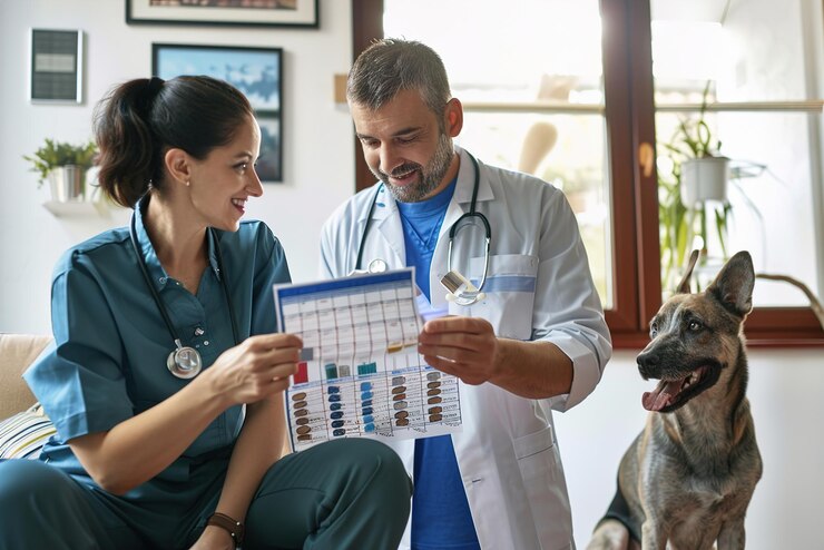 veterinario-discutiendo-dieta-equilibrada-dueno-mascota-sosteniendo-tabla-nutricional-perro-sentado-cerca-mascota-nutriti_964444-41729